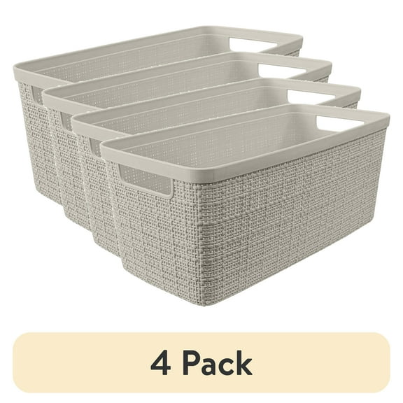 (1 pack) Curver Jute Narrow Beige Plastic Decorative Storage Basket, 13.6 in x 6.7 in x 5.7 in