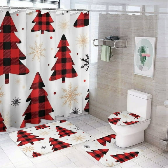 Red Plaid Christmas Trees Pattern Shower Curtain Bathroom Sets Toilet Lid Rug, Bath Mat And Contour Mat, Shower Curtain 4Pcs
