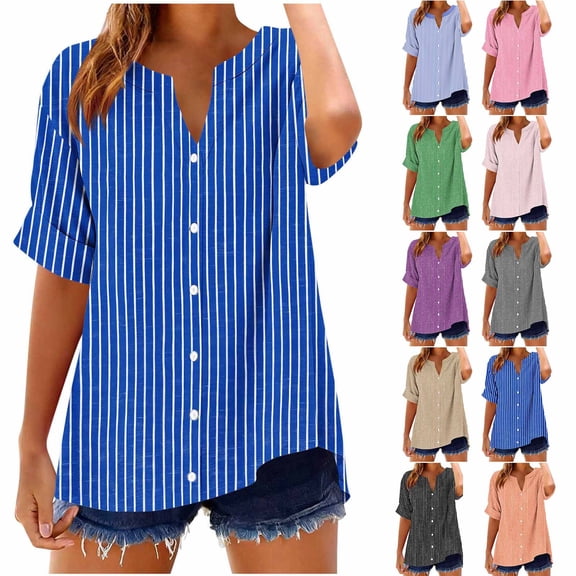 AnuYalue Striped Button Down Shirts for Women Casual Dress Shirt Short Sleeve Collared Blouse Tops Business Office