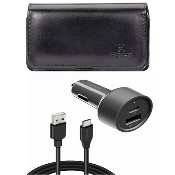 Case Belt Clip & Quick Car Charger for iPhone 15 Pro - Leather Swivel Holster Loops and 36W 2-Port USB Cable Type-C PD Power K4L for iPhone 15 Pro (6.1")
