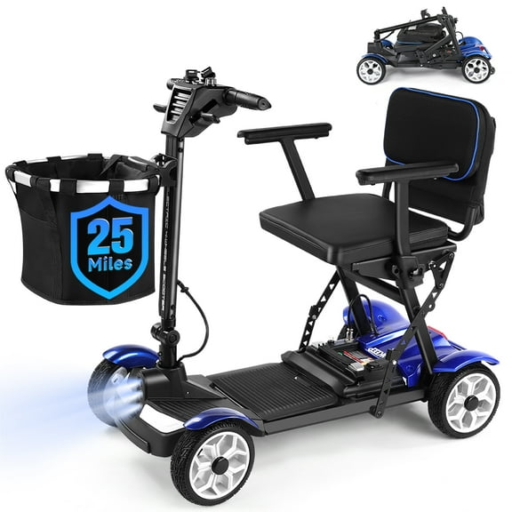 GOKEEP Light Weight 4 Wheels Mobility Scooter for Seniors, Electric Folding Wheelchair Device for Travel, with LED Headlights and Basket, Blue