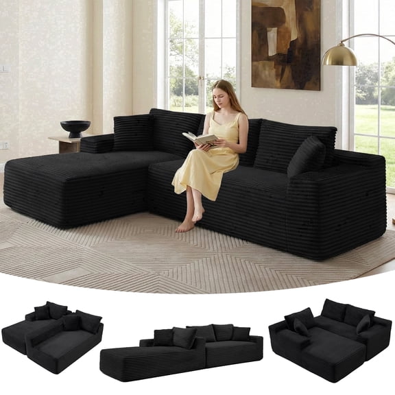 SOULART 105" Cloud Couch, Black Corduroy Sectional Sofa with L-Shape Chaise, Right Facing Design for Living Room Bedroom