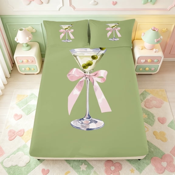 Manfei Cute Bowknot Goblet Fitted Sheet Full,Pink Girly Bowtie Bed Set,3pcs,1 Fitted Sheet and 2 Pillowcases