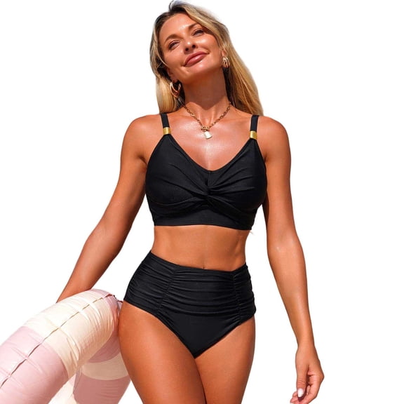 Stamzod Womens High Waisted Bikini Set Gold Metal Two Piece Swimsuits Twist Front Tummy Control 2026 Bathing Suits Black L