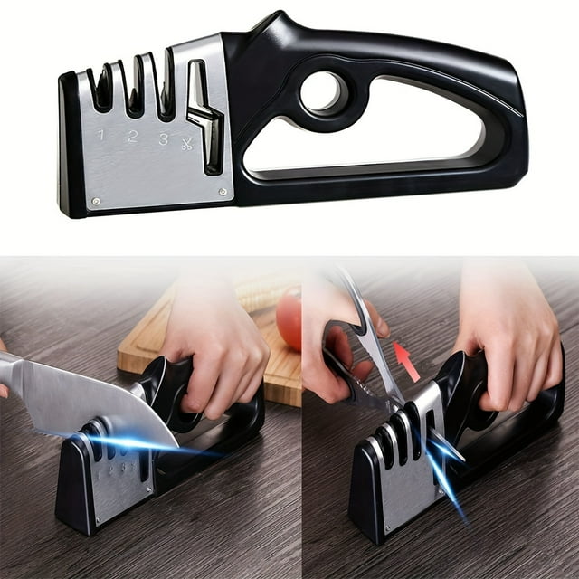 1pc 4-in-1 Kitchen Blade & Scissors Sharpening Tool Portable Knife Sharpener with Handle for Kitchen Camping Outdoor Use