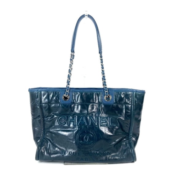 Pre-Owned CHANEL Deauville MM Logo Tote Bag with Chain Shoulder in Leather, Navy (Good)