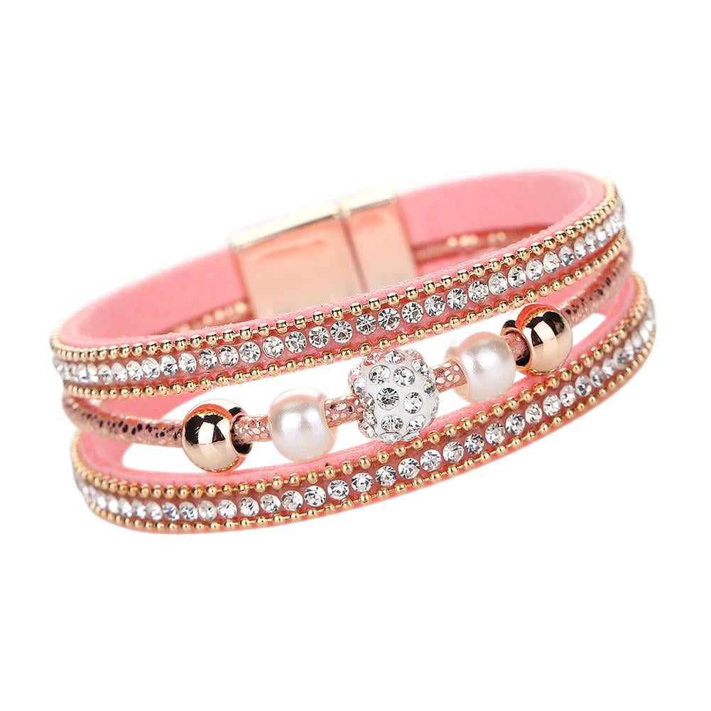 Multi Natural Pearl Bracelets for Women Handmade 3 Row Crystal Bead Magnetic Clasp,Pink,20cm