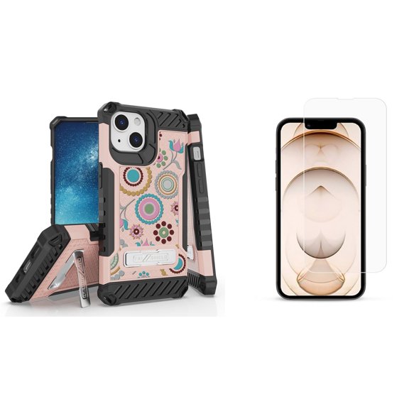 Bemz iPhone 13 Mini Bundle: Tri Shield Military Grade Armor Rugged Case (Circle Collage), Premium Glass Screen Protectors (2-Pack)