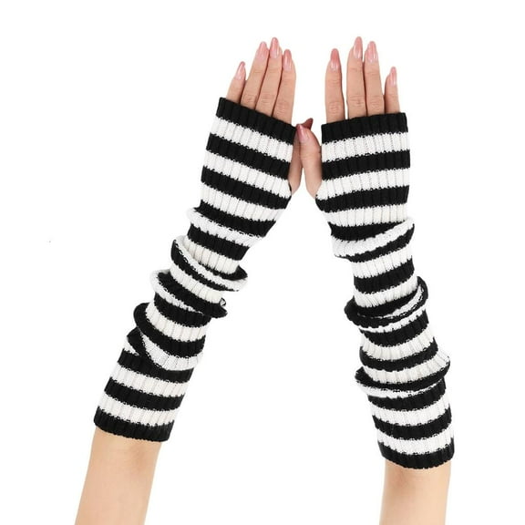 Weflink Elegant Long Cuffs Gloves Striped Knitted Design Women Winter Fashion Accessory