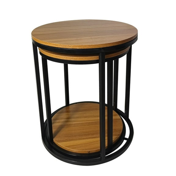 Molly Nesting Table Set of 2- Round Brown Solid Wood Top- Black Metal Frame