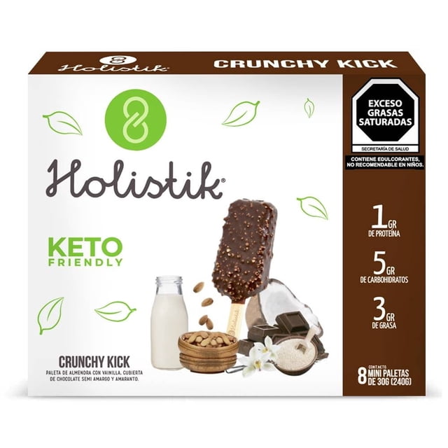 mini paletas heladas holistik de almendra con vainilla cubierta de chocolate semi amargo y amaranto 8 pzas 30 g c/u, empaque frontal centrado con una paleta cubierta de chocolate semi amargo y trozos crujientes de amaranto; acompañan frasco pequeño de leche, bowl de almendras y flor de vainilla; caja blanca y marrón muestra logo Holistik, leyenda Keto Friendly y etiqueta de exceso de grasas saturadas.