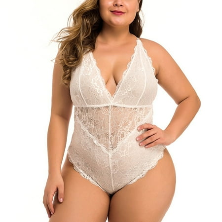 

BIZIZA Women Lace Teddy Babydoll Sexy V Neck Snap Crotch Lingerie Plus Size Bodysuit One Piece White XL