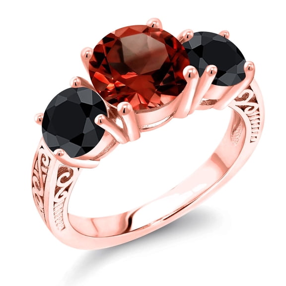 Gem Stone King 18K Rose Gold Plated Silver Red Garnet and Black Sapphire Engagement Ring for Women | 4.80 Cttw | Round 8MM | Gemstone January Birthstone | Size 9