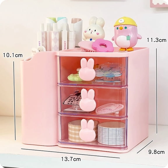 1Pc 3 Layer Drawer Storage Box With Pen Holder Multi Functional Desktop Organizer For Office Cute Rabbit Shape Handle Table Decoration Desk Accessory pink