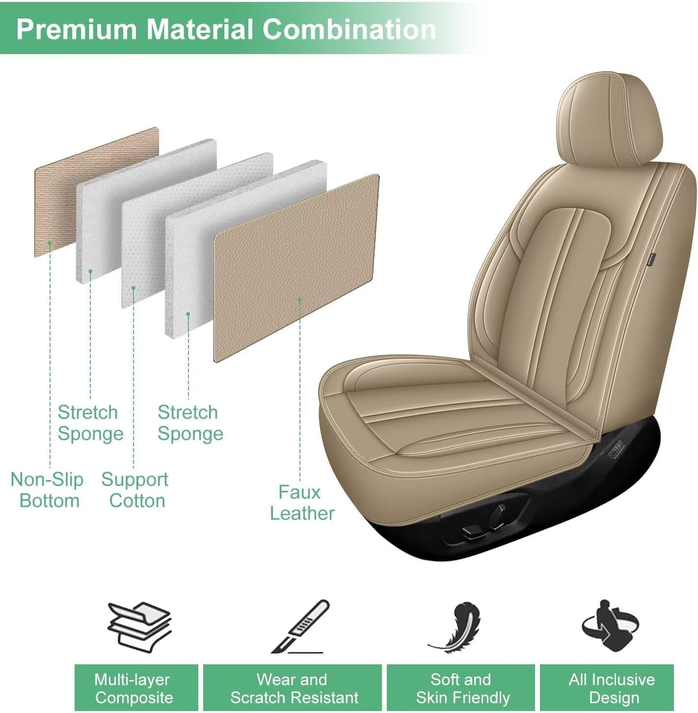 DIKSOAKR Car Seat Covers Fit for Ford F-150 2009-2025: First Row 2PCS Faux Leather Seat Covers Waterproof Automotive Seat Cushion Protector(2 Seats,Beige)