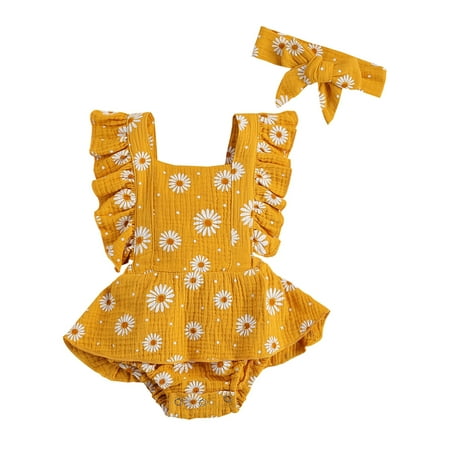 

Canrulo 2PCS Newborn Baby Girls Floral Pleated Crotch Buttons Romper Bowknot Headband Yellow 0-6 Months