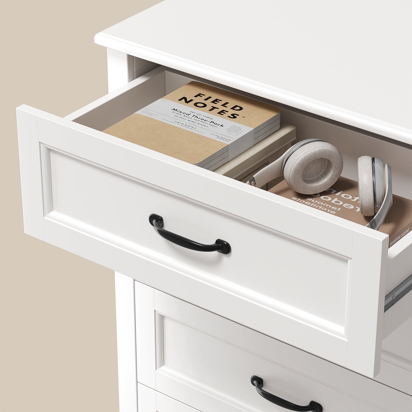 Asofer 5-Drawer White Dresser Cabinet with Metal Handle, Sturdy Wood Chest for Bedroom, Living Room