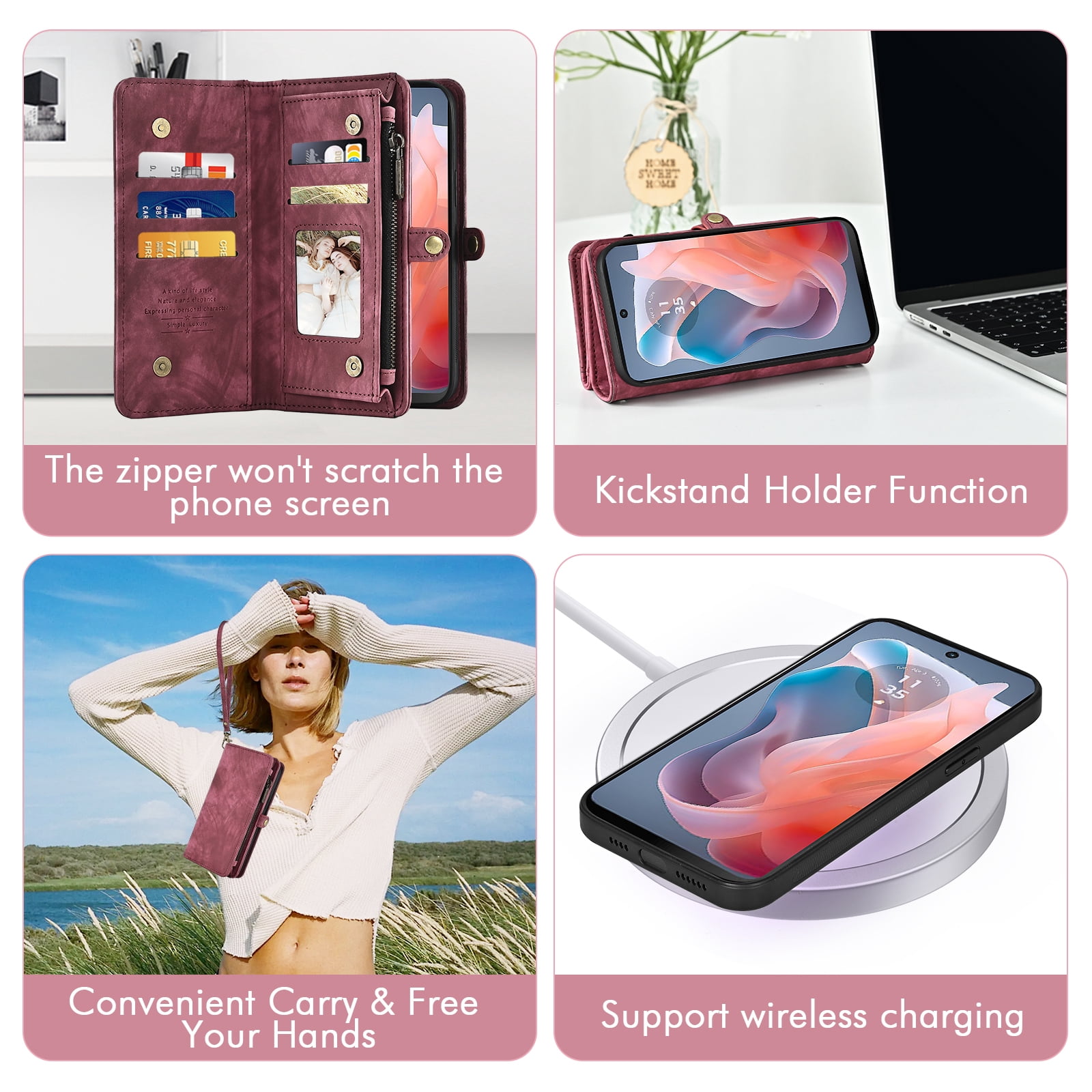 Asuwish Phone Case for Motorola Moto G Play 4G 2024 Zipper Wallet Detachable Cell Cover with Tempered Glass Screen Protector Crossbody Lanyard Strap Flip Card Holder XT2413V XT2413-1 64GB Women Red