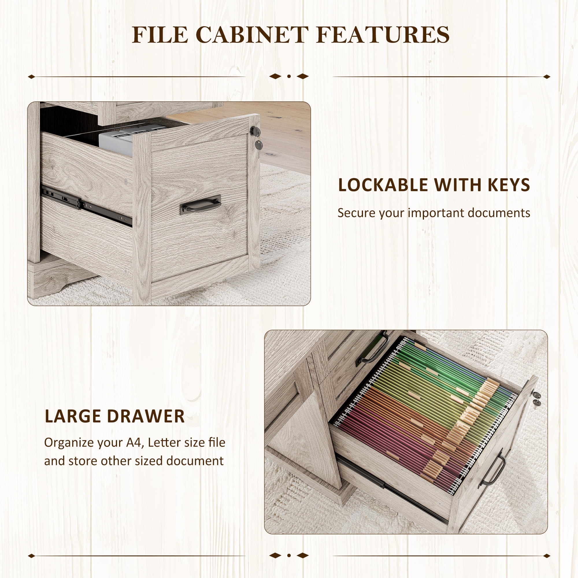 Executive Desk with File Drawers, 55'' Farmhouse Desk Modern for Adult Home Office, Wash Gray