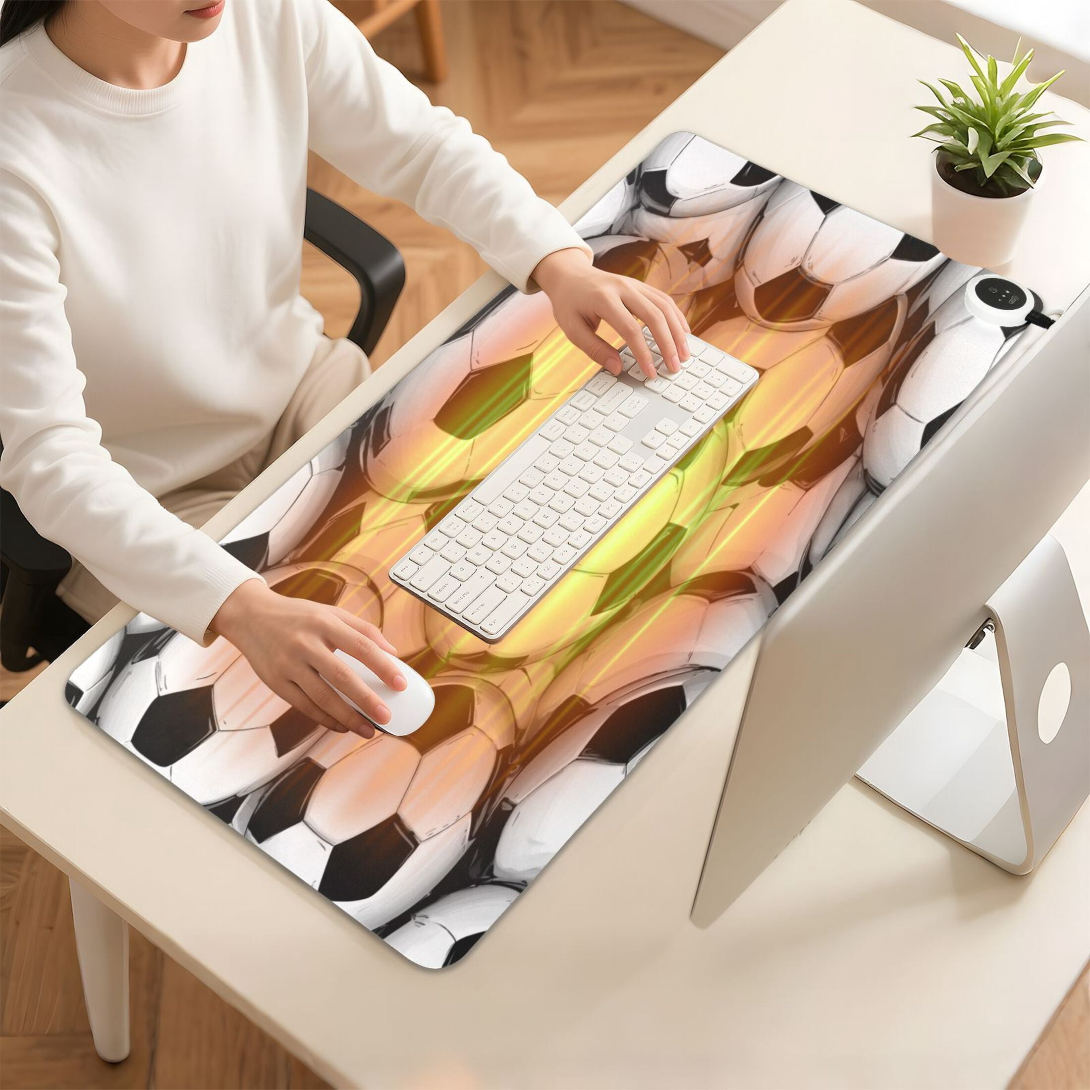 Large Heated Desk Mat Mouse Pad 31.5"x13"PU Leather Graphene Heating Desk Warmer with 3 Temperature Settings 110V US Plug Non-Slip Warm Pad for Home, Office, and Gaming Classic Soccer Tile Pattern