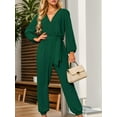 thumbnail image 2 of Weardear Womens Jumpsuits Casual V Neck Lantern Long Sleeve Dressy Romper Pleated Belt One Piece Outfits with Pocketss, 2 of 7