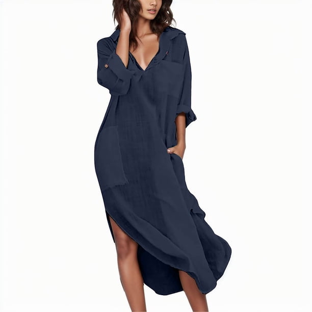 Gibobby Vestido largo para mujer Vestido casual transpirable suelto con abertura frontal con botones de color sólido para mujer(Marina,G)