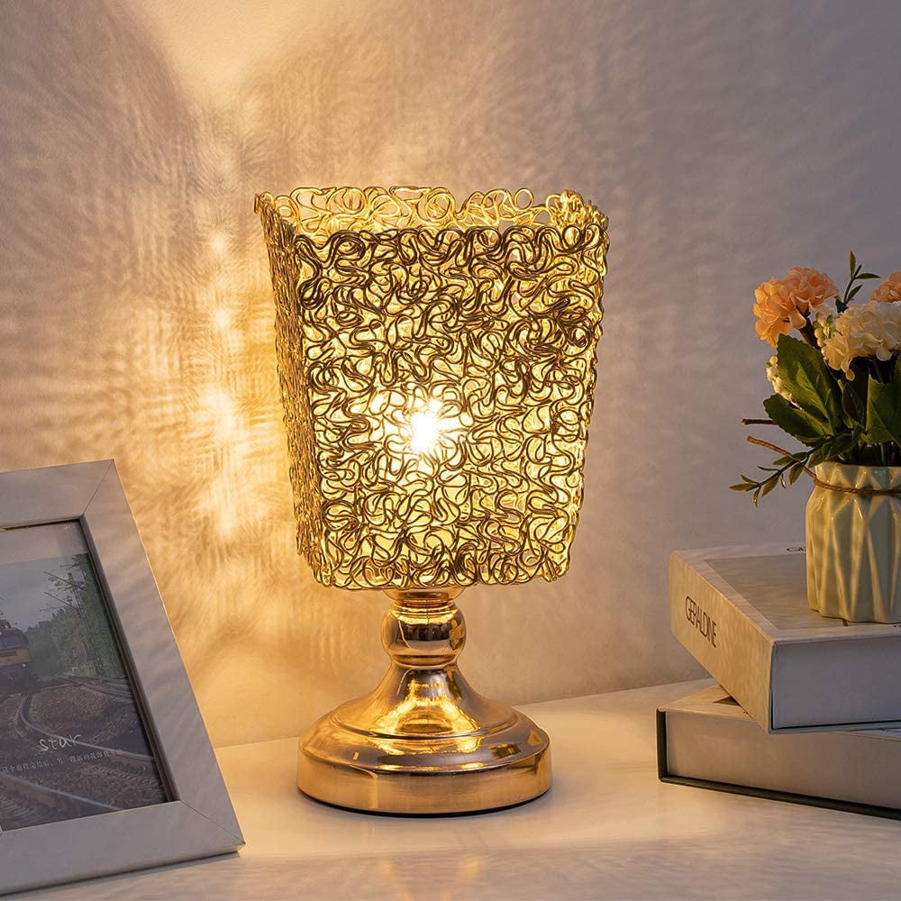 Luxury Bedside Desk Lamp with Metal Wiring Shade, Gold