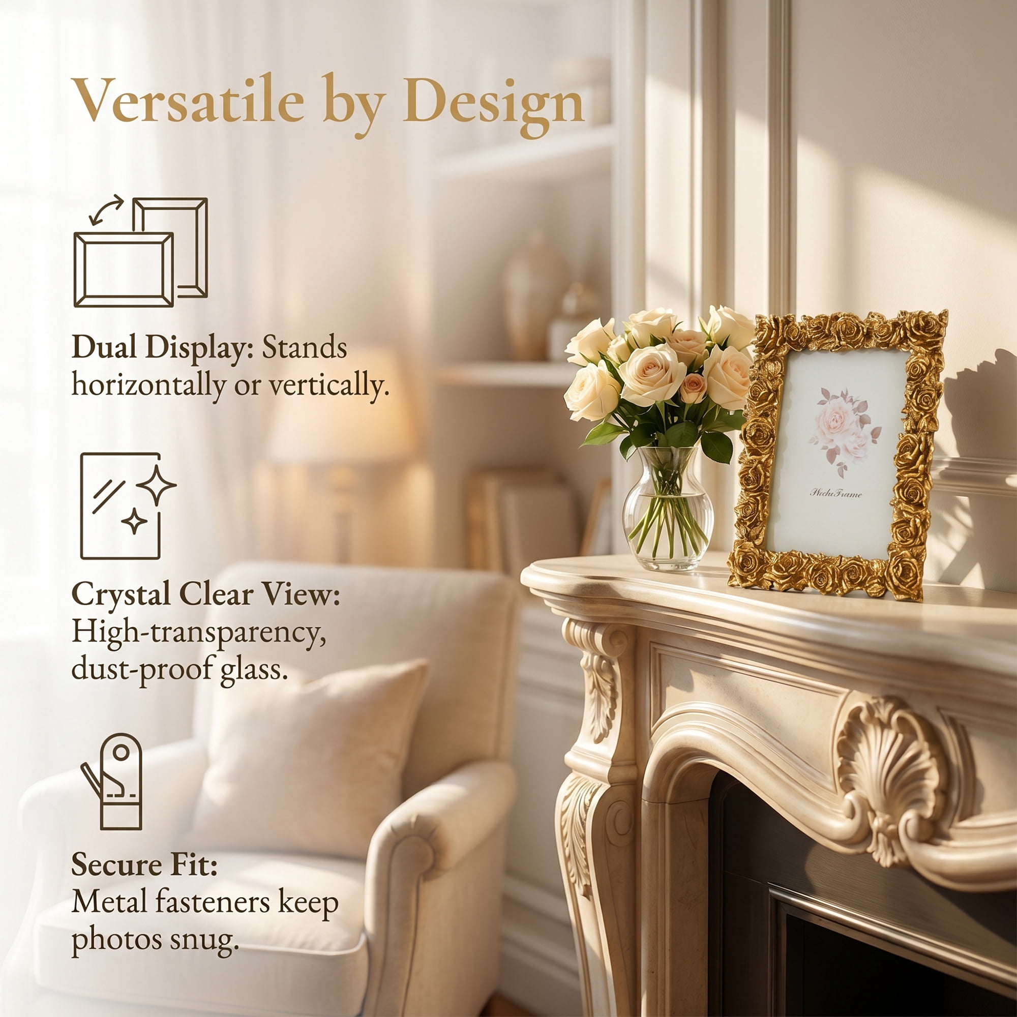 Unique Bargains 3D Rose Resin Wedding Decor Picture Frame Gold 5" x 7"