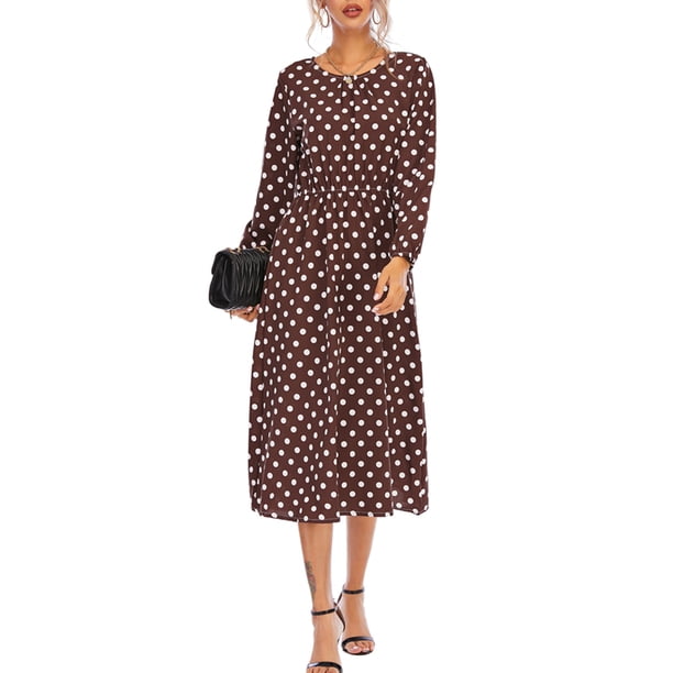 VISgogo Vestido casual de primavera para mujer, vestido midi de ajuste regular con cuello redondo y manga larga con estampado de lunares VISgogo moda