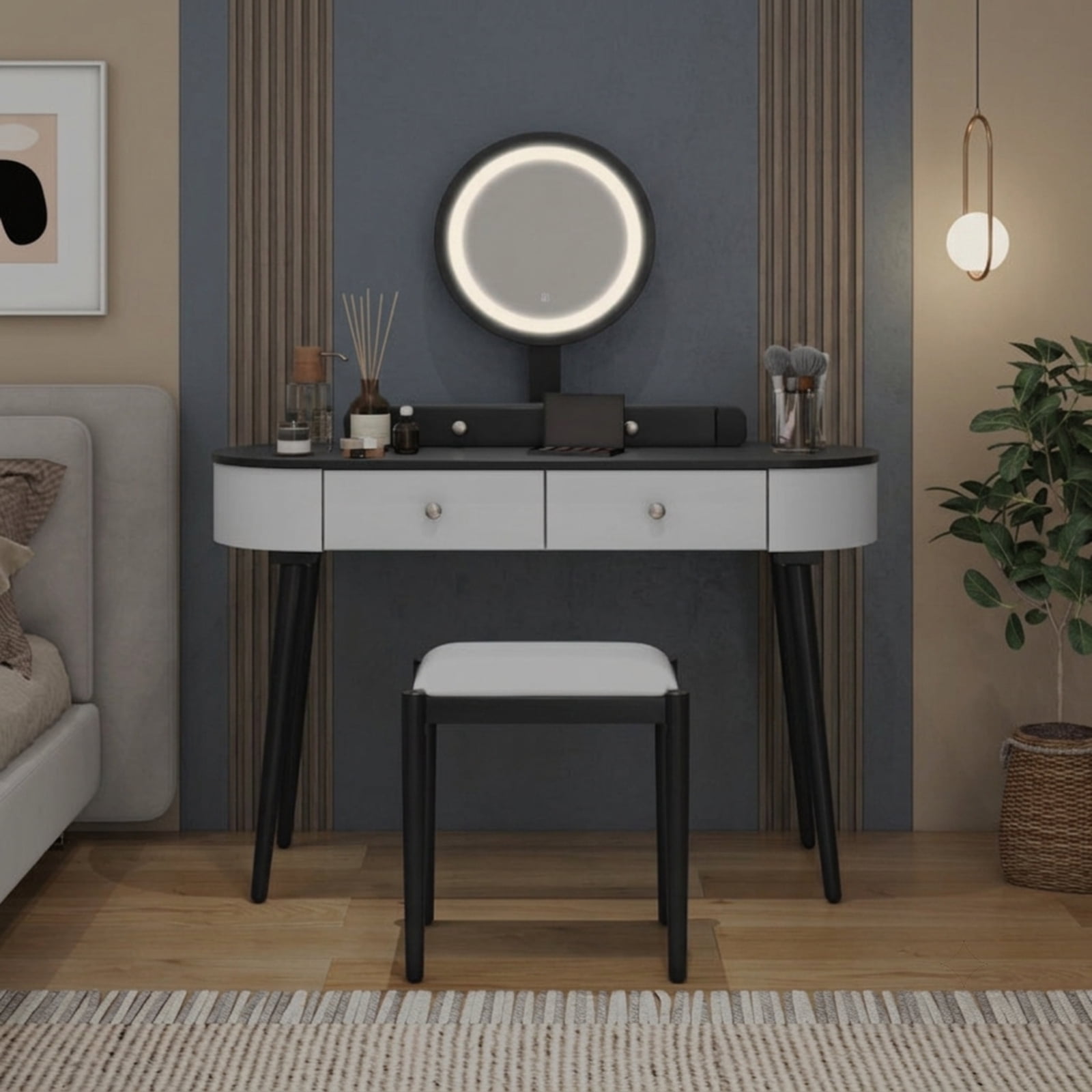 Furnibear Makeup Vanity Table Set with LED Mirror and 3 Spacious Drawers-White and Black for Bedroom Makeup Dressing Room Vanity Desk