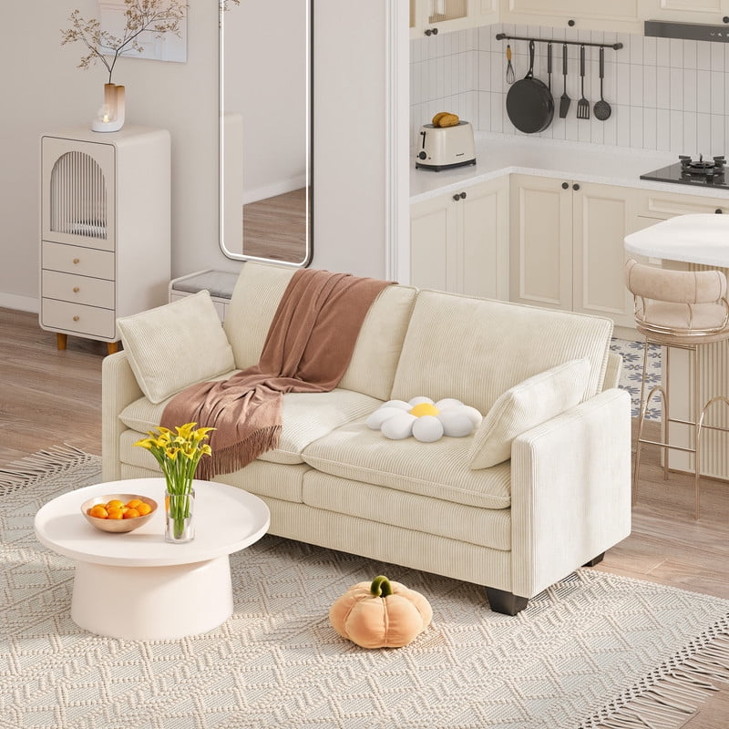 2-Seater Cloud-Like Loveseat Sofa - Double-Layer Upholstered Cushions, Pet-Friendly Corduroy Couch for Bedroom, Living Room & Apartment, Beige