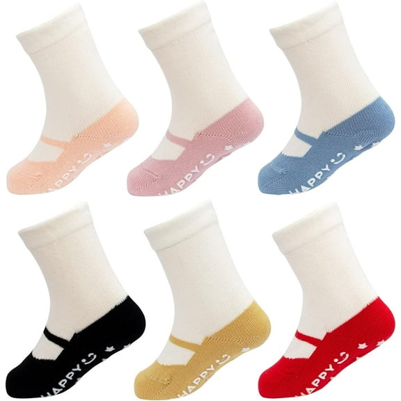 Pack of 6 Infant Toddler Cotton Non-Slip Socks with Grips Cute Ballet Style Baby Boys Girls Ankle Socks