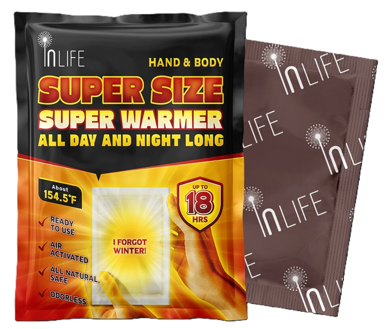 Inlife Super Size Super Warmer for Hands and Body, Heating Wider Area, Air-Activated, Consistently Long Last for 18 Hours, Odorless, 20 Packs