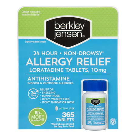 Product of Berkley Jensen Non-Drowsy Allergy Relief  365 ct. Berkley Jensen Non-Drowsy Allergy Relief  365 ct.  Berkley Jensen Allergy Relief provides comfort from indoor and outdoor allergies all year long. This formula is non-drowsy when taken as directed. Each bottle contains 36 allergy relief tablets.      Product Features:      Relief of sneezing  runny nose  itchy watery eyes  throat or nose  Non-drowsy formula when taken as directed  Relief for 24 hours  Includes one bottle of 36 tablets    (Model 61288)  Product Features:Relief of sneezing  runny nose  itchy watery eyes  throat or nose  Non-drowsy formula when taken as directed  Relief for 24 hours  Includes one bottle of 36 tablets    (Model 61288)