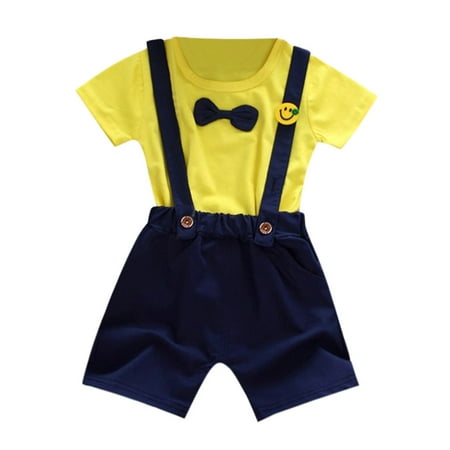 

GWAABD Baby Clothes Unisex Yellow Cotton Blend Kid Baby Girl Boy Spot Bow Tie Straps Print Tops T Shirt Striped Pant Outfit Set 100
