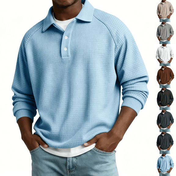 Knit Polo Shirts Mens Long Sleeve Casual Polo Sweaters Shirt Waffle Textured Collared Sweater Light Blue S