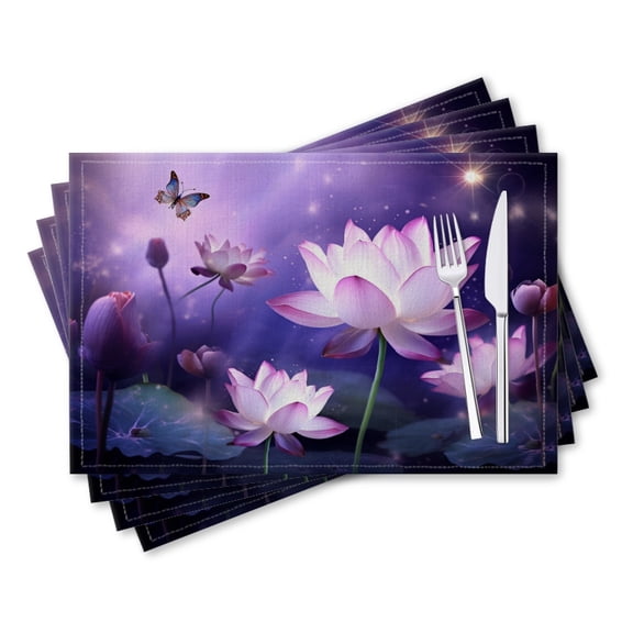 BaHomeck placemats Set of 4 rectangle Linen Cotton Placemats for Dining Table Washable Heat Resistant,18*12inch,Butterfly Flying Around Lotuses Blooming On The Water Surface