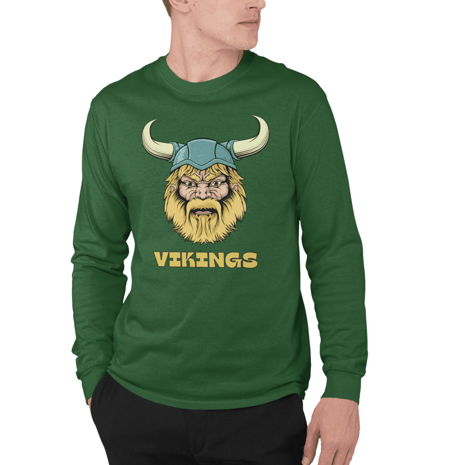 kiMaran Cartoon Angry Vikings with Viking Horns T-shirt Unisex Long Sleeve  Tee (Forest Green M) 