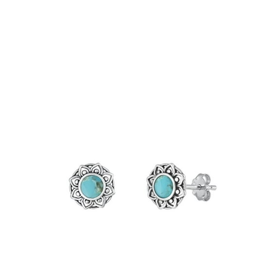 Sterling Silver High Polished Simulated Turquoise Bali Stud Oxidized Earrings .925 New Jewelry Female
