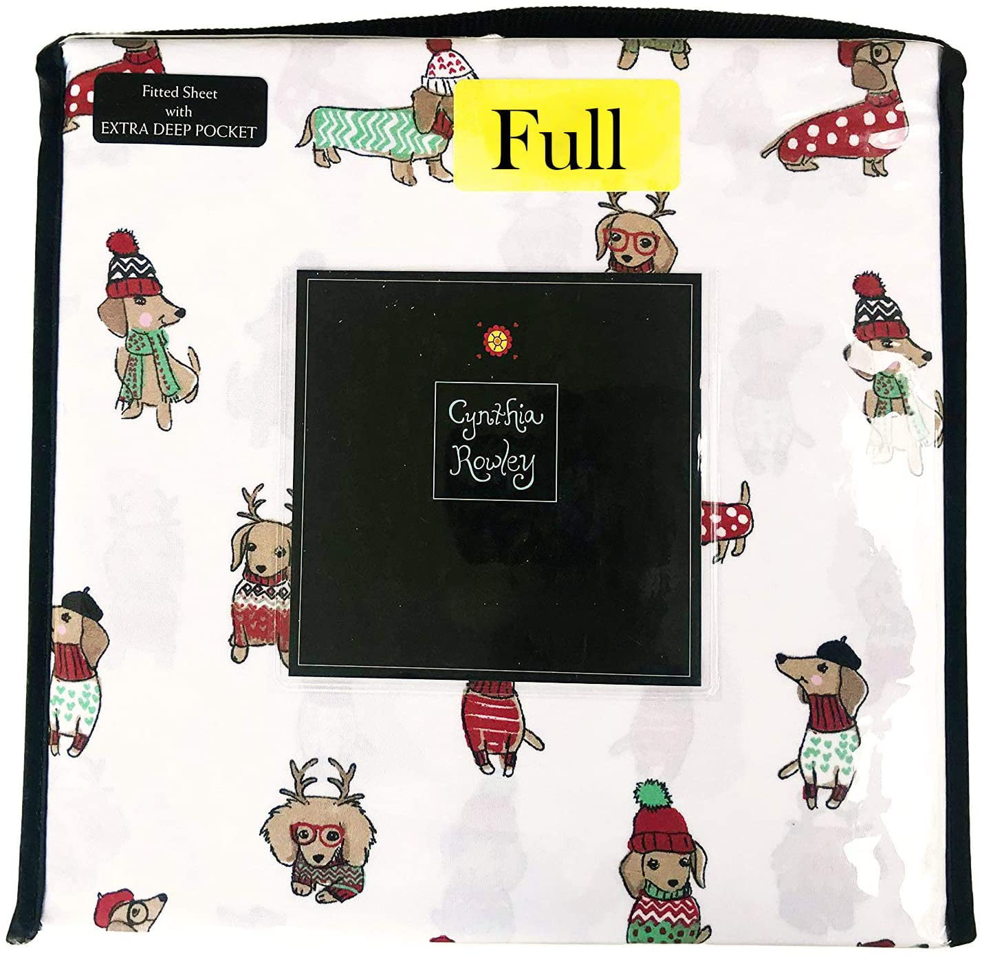 Full Cynthia Rowley New York Christmas Dachshund Dogs Flannel Sheet Set 