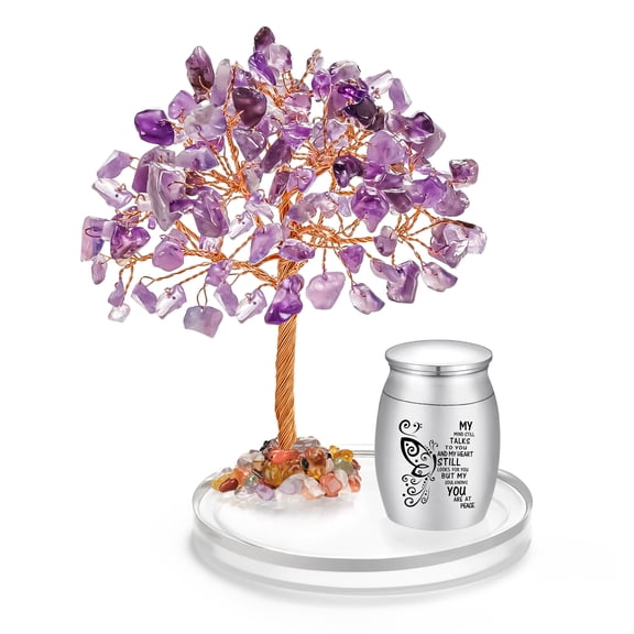 XIUDA Small Urns for Human Ashes Keepsake, Purple Stainless Steel Mini Urn  with Amethyst Crystal Tree -Decoration Butterfly Cremation Keepsake
