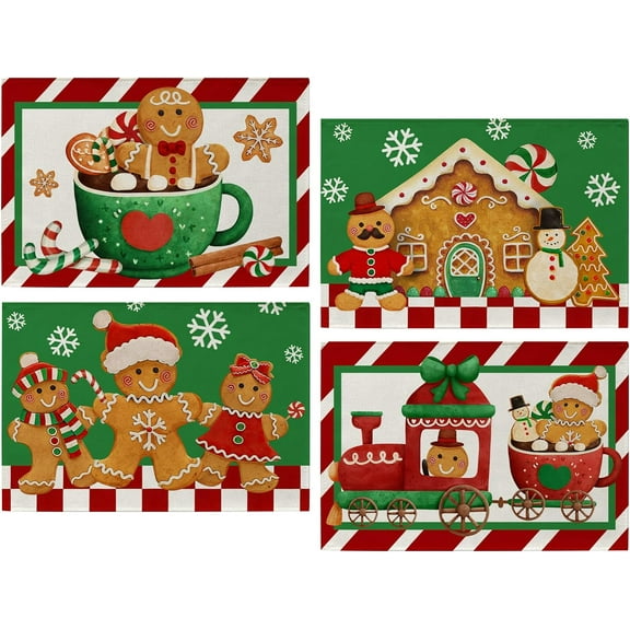 Christmas Gingerbread Man Cooky House Placemats Set of 4, Xmas Cookies Snowflake Candy Cane Dining Table Place Mats Home Kitchen Decor, Winter Snowman Green Red Holiday Decoration 12 x 18 Inch