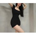 thumbnail image 3 of Women's Cotton Jumpsuits Summer Solid Square Neck Slim Fit Bodysuits Trendy Short Sleeve Zipper Ribbed Shorts Rompers, 3 of 7