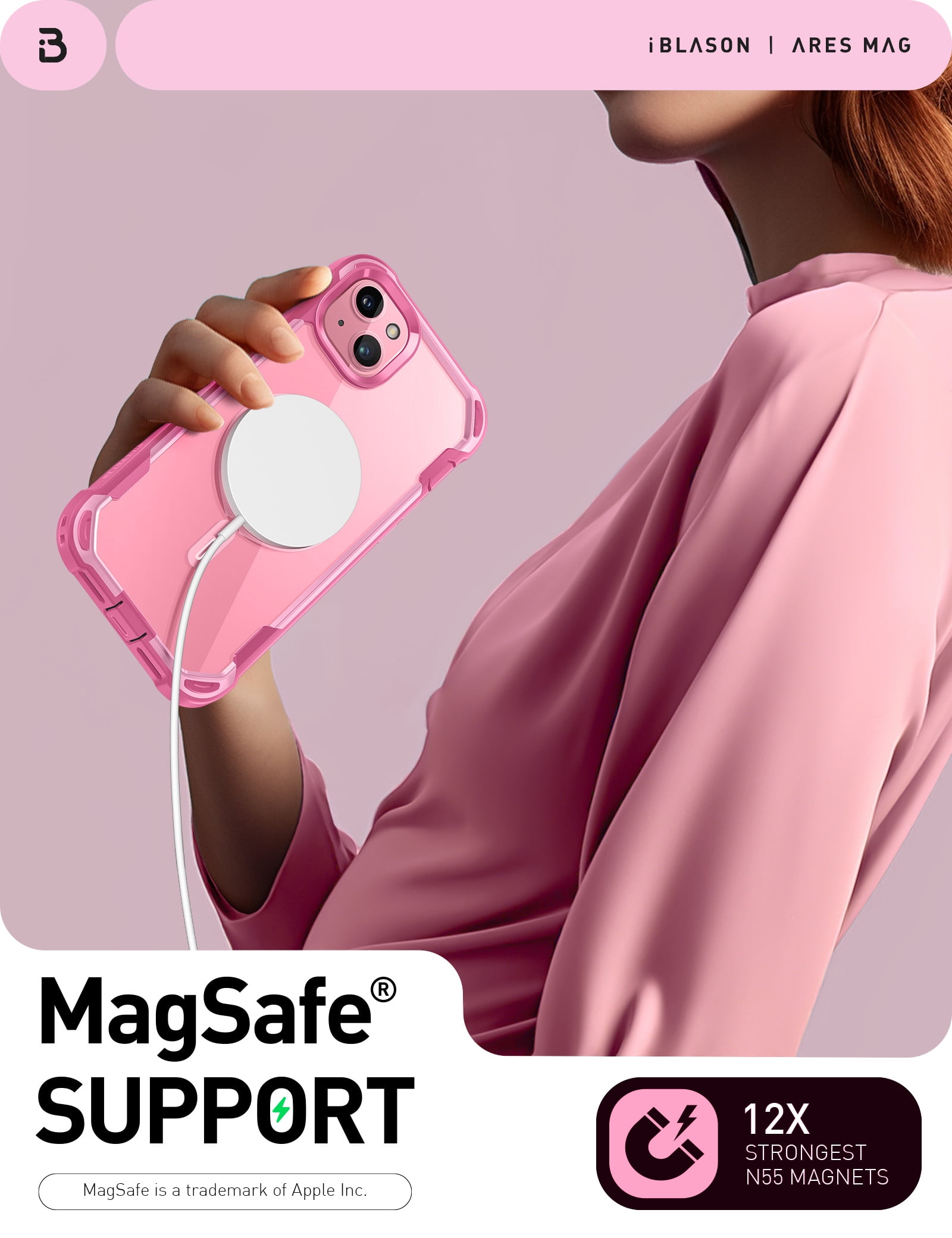 i-Blason AresMag for iPhone 15 Plus Case [6.7 inch], [MagSafe Compatible] Full-Body Dual Layer Anti-Slip Shockproof Rugged Clear Bumper Case with Built-in Screen Protector (Pink)