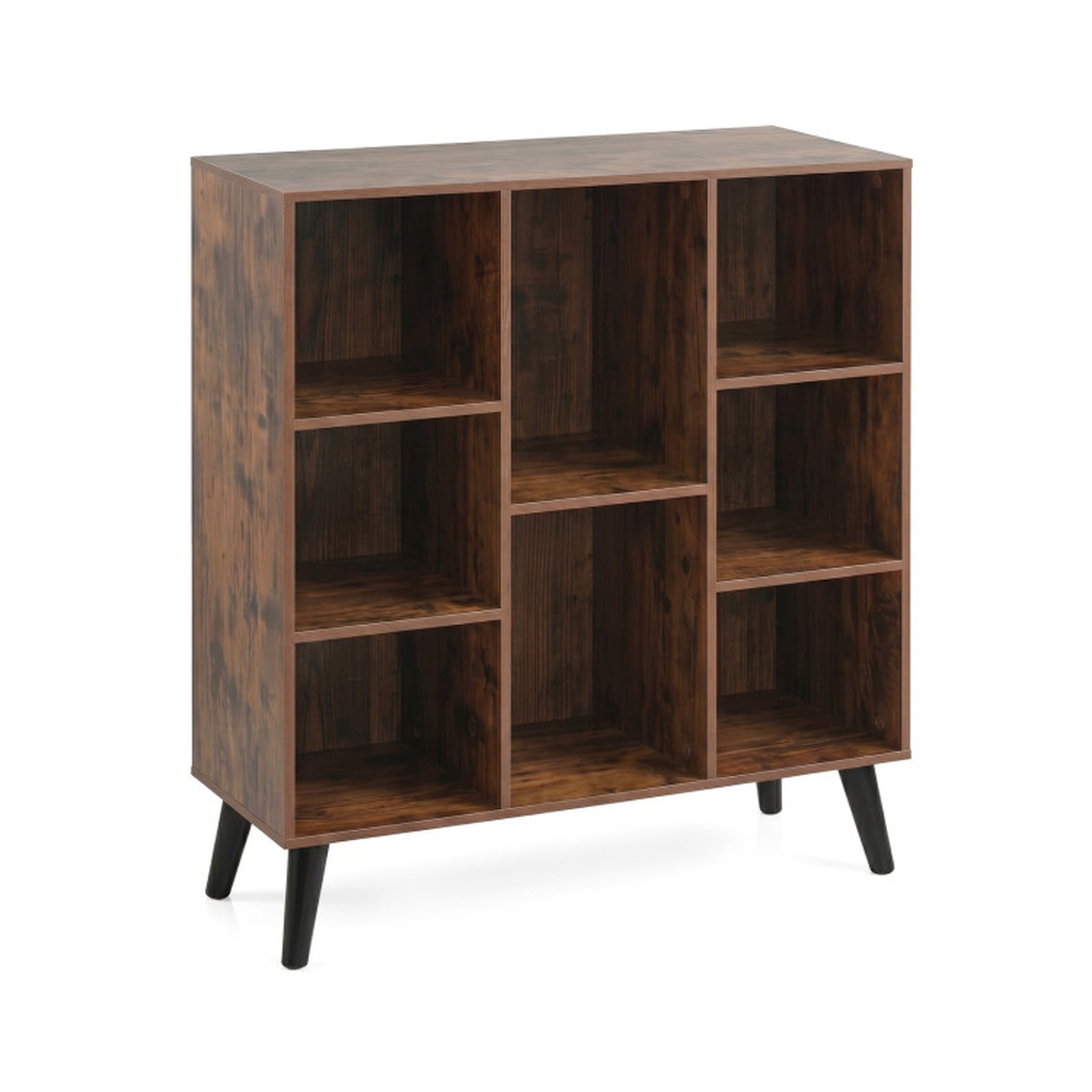Furnibear 8-Cube Bookcase with Raised Support Legs and Anti-Tipping Kits Freestanding Wood Storage for Living Room and Study, Rustic Brown