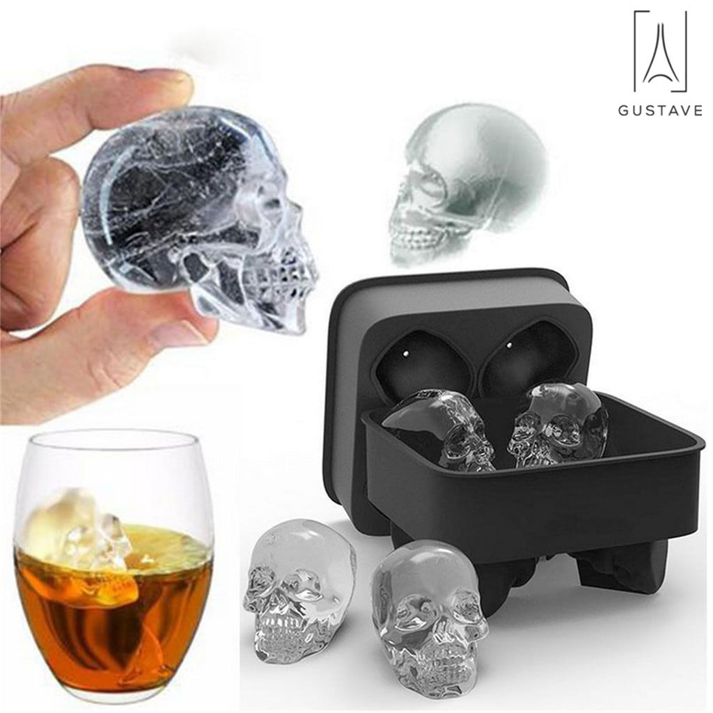 3D Skull Ice Mold Silicone Ice Cube Maker Tray Make Four Giant Skulls Shapes 