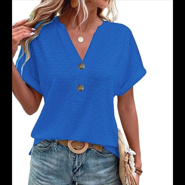Tops Henley de Corta con Cuello en V para Mujer, Azul, XXL
