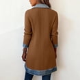 thumbnail image 5 of Women Long Ribbed Knit Cardigan Jacket, Denim Lapel Patchwork Open Front Mid Length Coat, Casual Long Sleeve Fahsion Look Outerwear,Khaki,L, 5 of 5