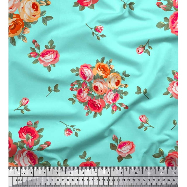 Soimoi Tissu Crêpe Polyester Imprimé Feuilles & Roses au Mètre 52 Pouces de Large