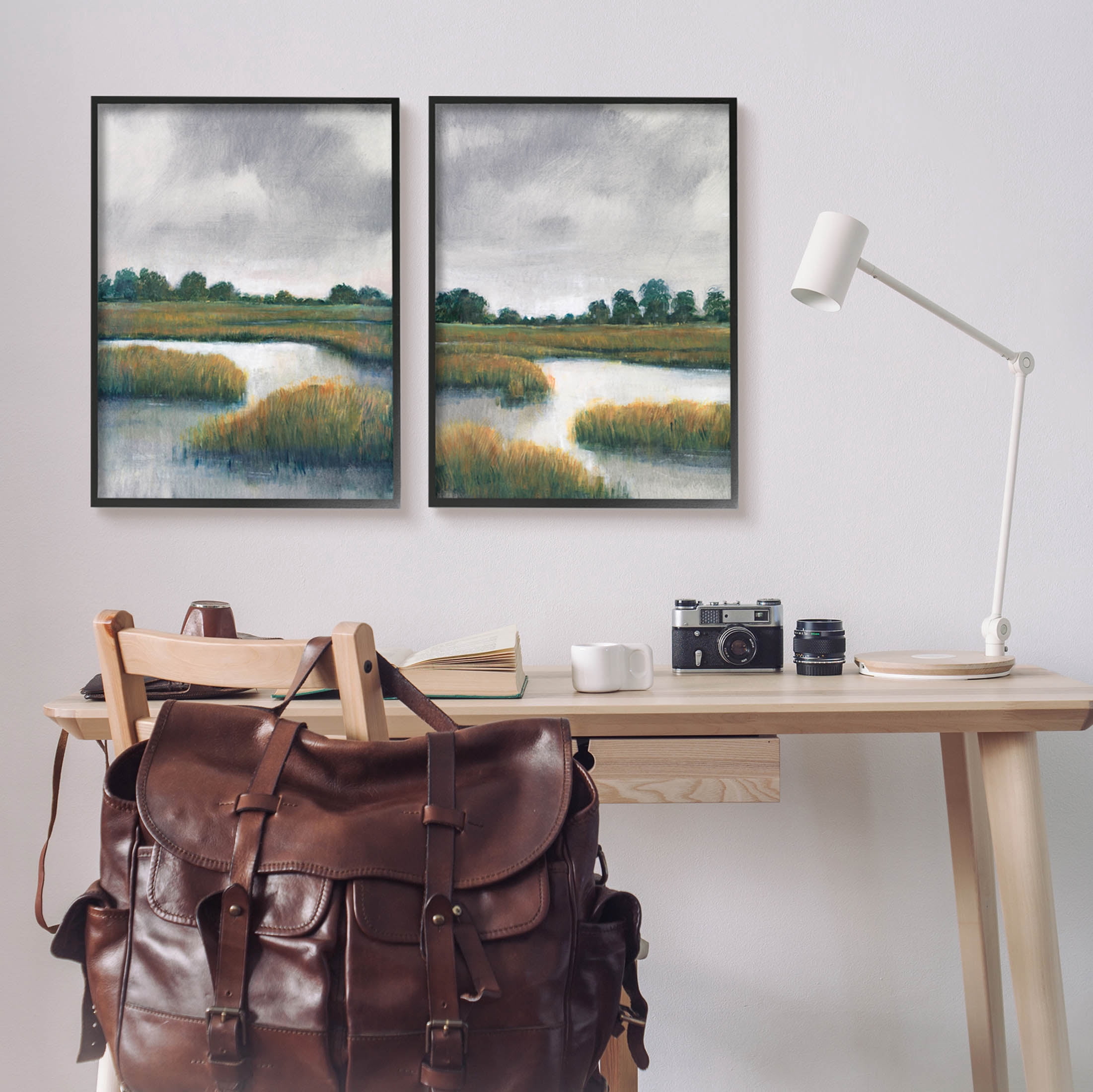 Stupell Industries Grassy Rural Marshland Landscape Painting Black Framed Art Print Wall Art, Set of 2, Design by Tim OToole